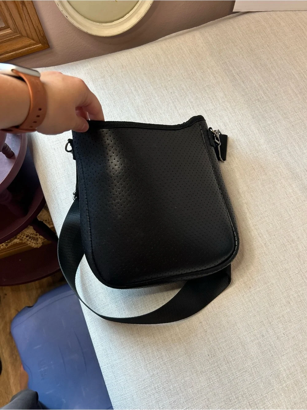 HAUTE SHORE Black Crossbody Messenger with Red & Olive Stripes